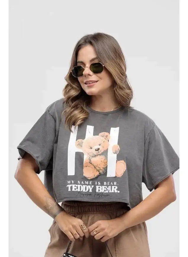 Camiseta Estonada Cropped Teddy Bear