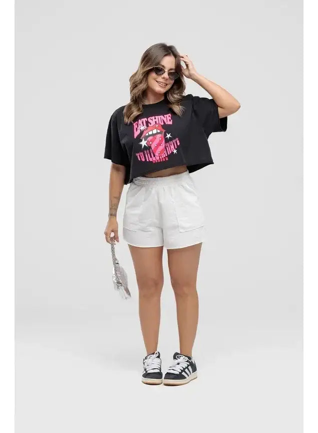 Camiseta Estonada Cropped Eat Shine