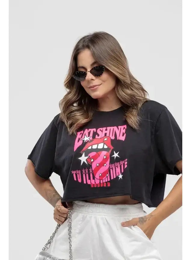 Camiseta Estonada Cropped Eat Shine