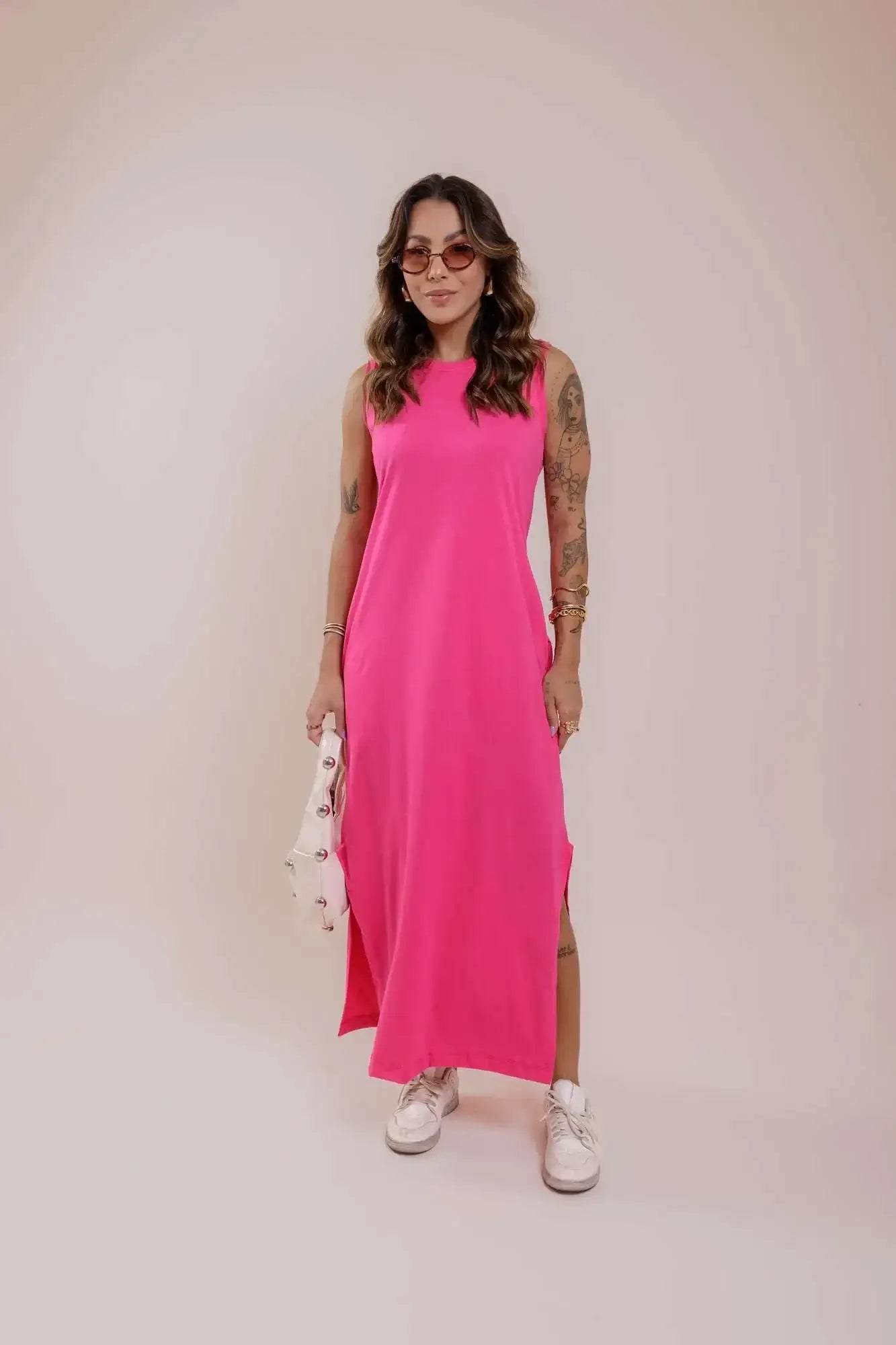 Vestido Longo cavado C/bolso