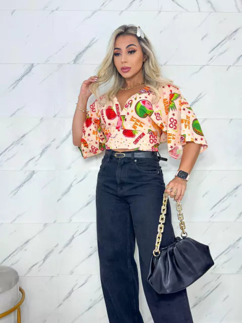 Blusa Cropped Feminino Transpassado Decotado Manga