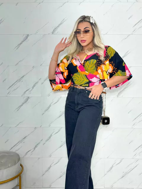 Blusa Cropped Feminino Transpassado Decotado Manga