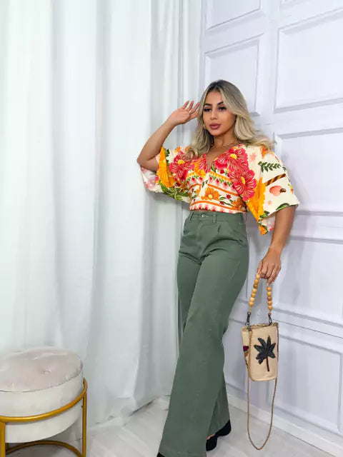 Blusa Cropped Feminino Cruzado Decotado Manga